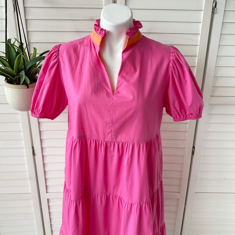 Avara Pink Tiered Everly Midi Dress Short Puff Sleeve Ruffle Cotton Size S - Picture 2 of 9